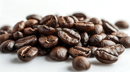 Obraz premium Pile of roasted coffee beans with a white background