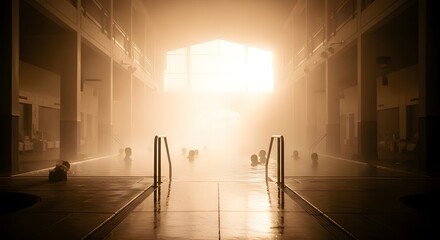 A large indoor swimming pool with various individuals playing and swimming in the water.