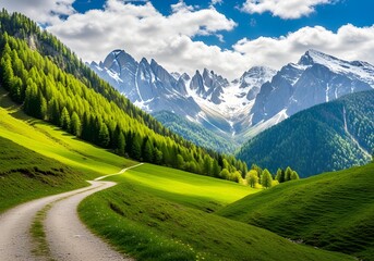 Winding road through lush green hills and forests leading to majestic snow-capped mountains under a bright blue sky