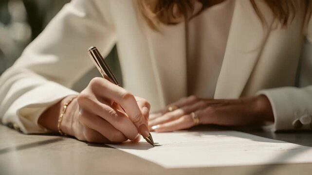 close-up of a faceless blonde wearing a blazer, writing her signature on official papers, beige background