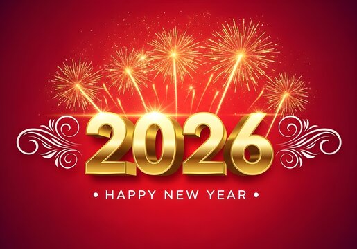 Happy New Year 2026 with Golden Numerals, Firework Explosions, and Decorative Swirls on a Red Background