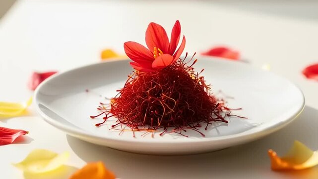 A delicate red crocus sativus flower rests atop a vibrant heap of expensive saffron threads on a pristine white plate, bathed in natural light
