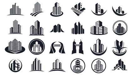 Modern City Skyline Architecture Logo Icons Set for Real Estate Development and Urban Planning Design
