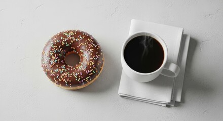 Chocolate glazed donut with sprinkles next to espresso coffee cup on white background - perfect for bakery, breakfast, coffee shop, dessert, and food and beverage flatlay photography