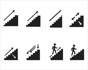 Staircase Icons Set with Arrows and Person Climbing Steps Vector Illustration