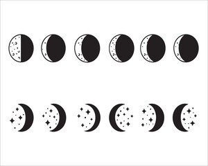 Stylized Moon Phases and Starry Night Illustration Black and White Design