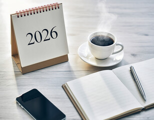 Vision for 2026, a fresh start concept with a desk calendar, hot coffee, and an open journal for setting new year's goals and plans