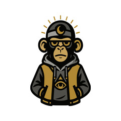 Cool monkey streetwear style. Unique ape character with golden hoodie and moon symbol