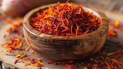 Close up of dried saffron threads in a rustic wooden bowl on a textured surface