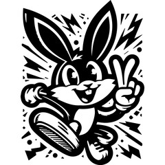 Cool cartoon bunny with peace sign, energetic fun character for apparel designs