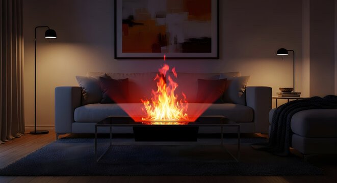 Cozy Living Room with Modern Sofa, Coffee Table, and Realistic Electric Fireplace Flame image