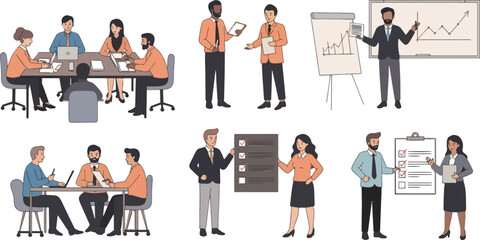 Business Meeting Team Presenting Data and Analyzing Charts in Conference Room