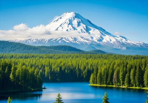 Stunning scenic landscape of a snow-covered mountain towering over a serene blue lake and dense evergreen forest on a bright sunny day