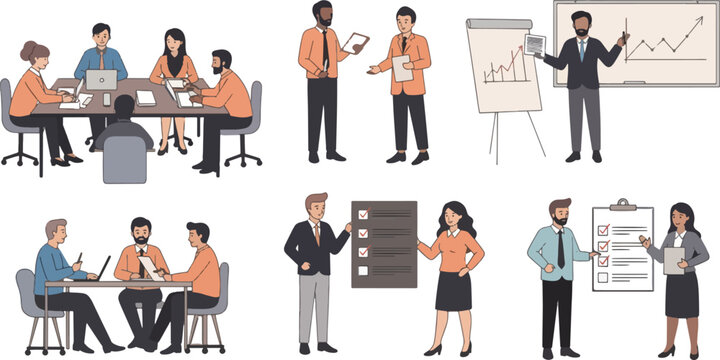 Business Meeting Team Presenting Data and Analyzing Charts in Conference Room