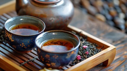 Traditional japanese tea ceremony with two cups and kettle