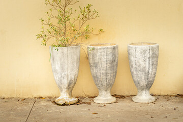 Three tall weathered vases stand against a beige wall