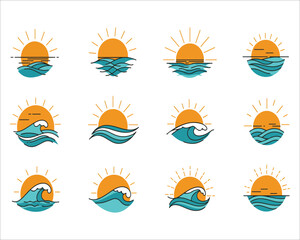 Vector set of sun and sea line art illustrations background