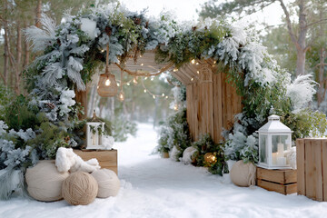 Winterlicher Studio Fotografie Hintergrund mit dekorativem Blumenbogen und Laternen