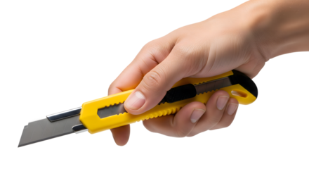 A persons hand firmly holding a yellow utility knife tool.
