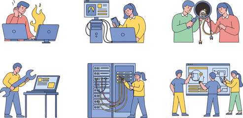 Group of technicians working on computers and electrical panels in technical workshop