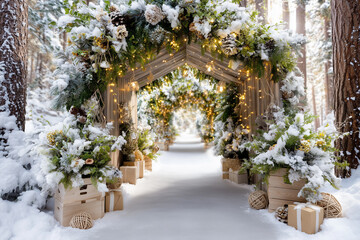 Fototapeta premium Winterlicher Studio Fotografie Hintergrund mit dekorativem Blumenbogen und Laternen