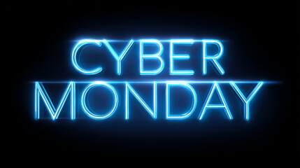 Glowing blue neon Cyber Monday text on a dark background, representing online sales, discounts, digital shopping promotions, and modern holiday marketing.