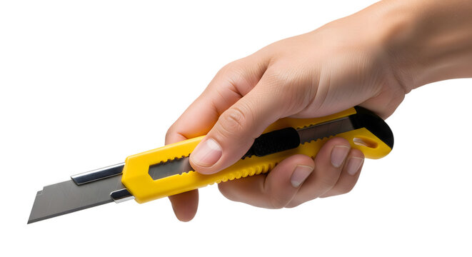 A persons hand firmly holding a yellow utility knife tool.