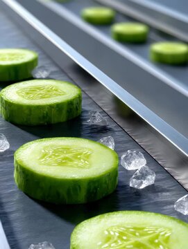 Sliced Cucumbers on a Conveyor Belt with Ice: Freshness, Food Processing and Modern Food Industry