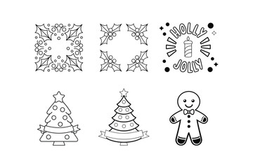 Christmas line art icons set with snowflakes, tree and gingerbread man