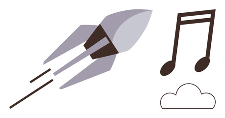 Rocket flying upward, musical note symbolizing inspiration, and cloud for imagination. Ideal for creativity, innovation, startups, technology, music ideas modern design. A simple flat metaphor