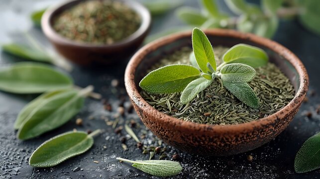 Fresh sage leaves and dried herbs in rustic bowls