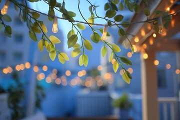 Obraz premium rooftop plant corner with string lights glowing softly