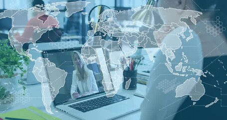 Remote speaker speaking woman listening while laptop showing world-map hex overlay for business - Powered by Adobe