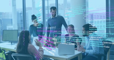 Team opening laptop and reviewing code, animated code overlays guiding alignment - Powered by Adobe
