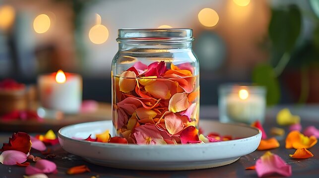 Glass jar filled with colorful rose petals on a plate with candles