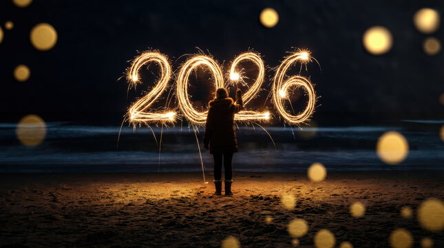 Silhouette of a person writing 2026 with sparklers on a night beach. Long exposure light painting for New Year celebration with magical golden bokeh.
