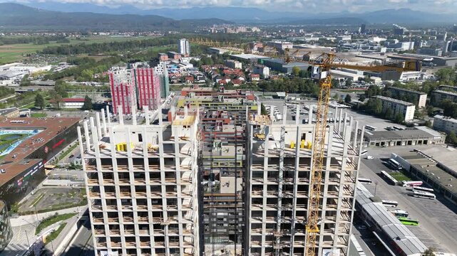 Aerial capture of a modern residential district under development, Ljubljana, Slovenia