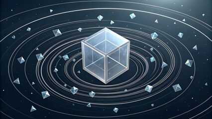 Obraz premium Modern crystal cube floating among orbits, perfect for technology or futuristic designs