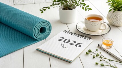 2026 Wellness Concept with Yoga Mat and Tea
