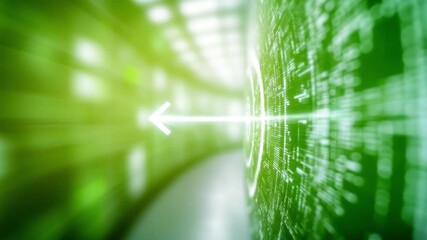 Abstract technological landscape: A dynamic depiction of futuristic digital data flow. Visualize the rapid transmission of information through a virtual network, an arrow piercing toward the core. - Powered by Adobe