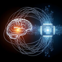 A brain and circuit board interconnected by a circuit, highlighting the relationship between cognitive functions and technology.