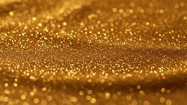 A shiny golden Christmas background features a macro texture of champagne bubbles and liquid drops sparkling like glitter on a bright xmas tree pattern