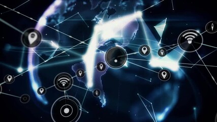 Central target pulsing sparking nodes appearing dotted globe forming, hand showing global network - Powered by Adobe