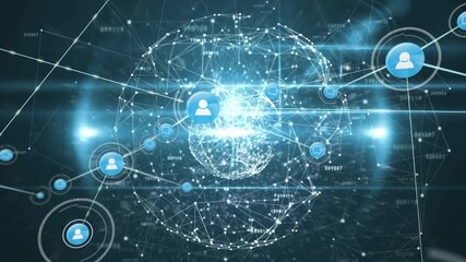 Luminous core pulsing, central globe emitting nodes and links, expanding to show global network - Powered by Adobe