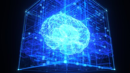 3d illustration of the AI brain inside the digital box