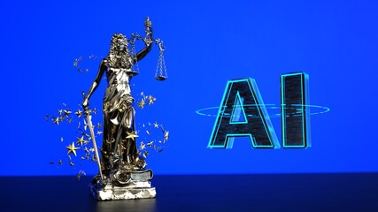 3D illustration Lady Justice Statue Stardust EU AI Act.