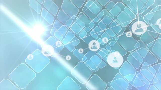 Lens flare pulsing, avatars fading and drifting while lines drawing, forming dense network graphic