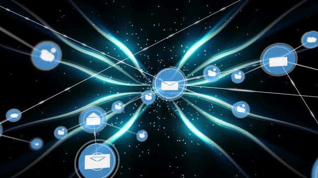 Central envelope hub sending icons along ribbons on pulse, drawing lines to show network connection