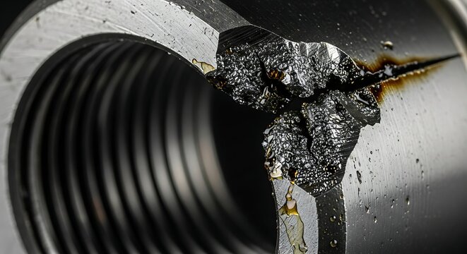 Macro of severely cracked and burnt bearing outer ring with spalling and heavy carbon deposits.