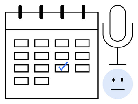 Calendar grid with marked date, a microphone symbolizing speaking or recording, and a neutral face. Ideal for organization, productivity, communication, schedule planning, time management, remote